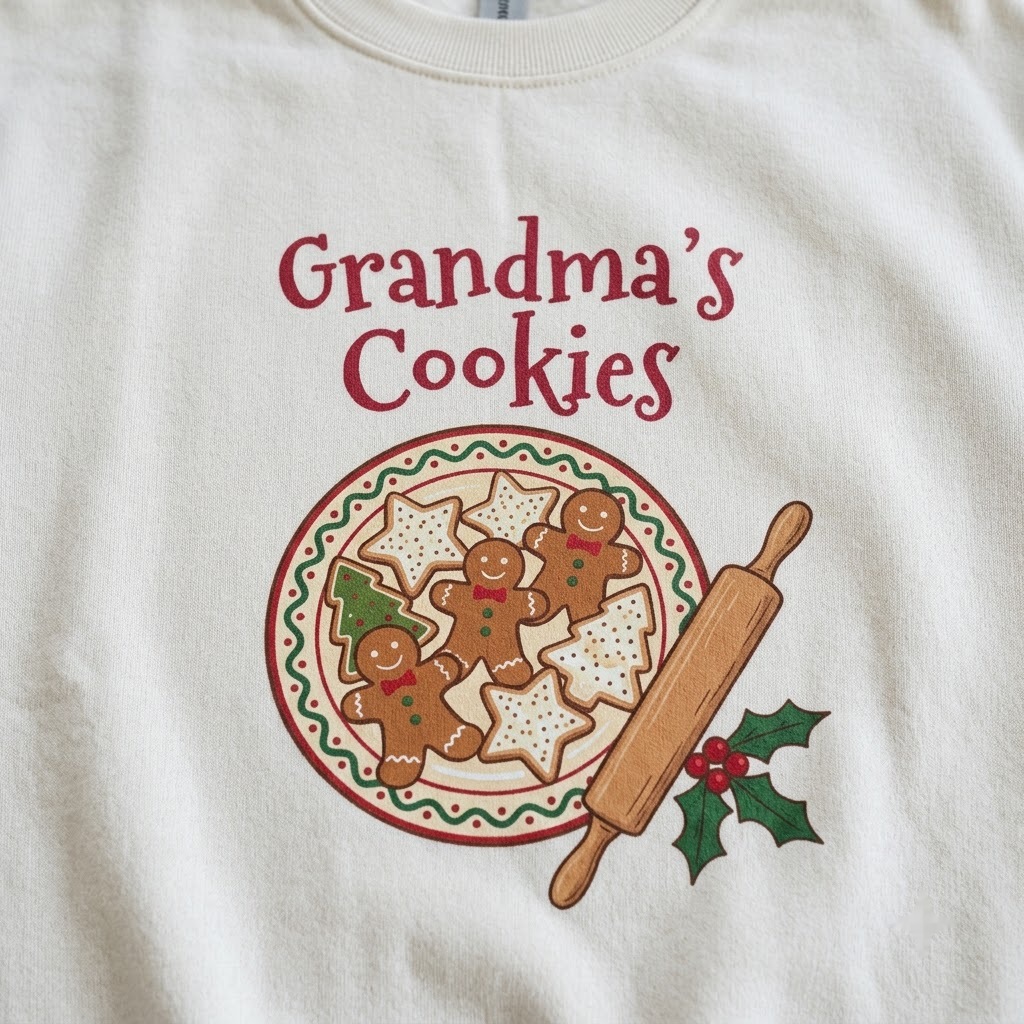 Close-up of a grandma sweatshirt print showing gingerbread men, star sugar cookies and a wooden rolling pin