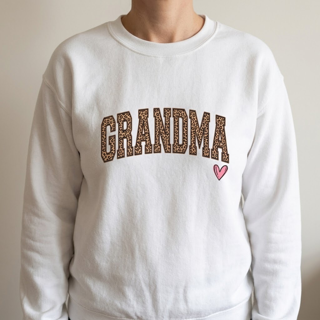 Person wearing a white crewneck with bold leopard print Grandma letters and a small pink heart