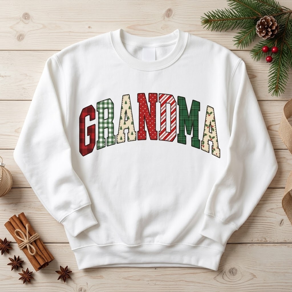 Patchwork grandma sweatshirt in white with faux quilt Christmas letters