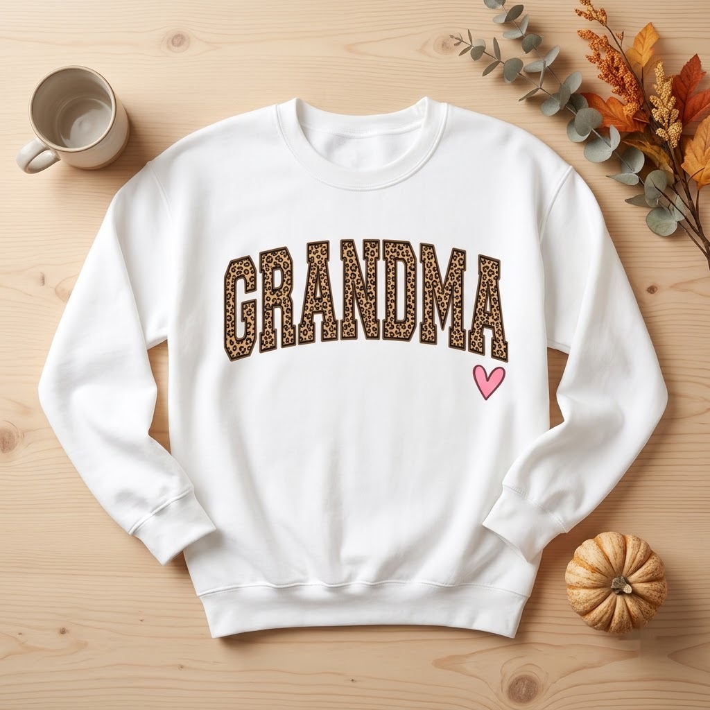 Leopard grandma sweatshirt in white with bold letters and a pink heart