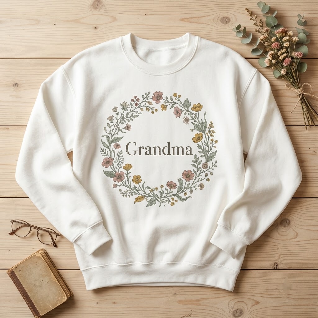 Botanical grandma sweatshirt in white with a vintage wildflower wreath