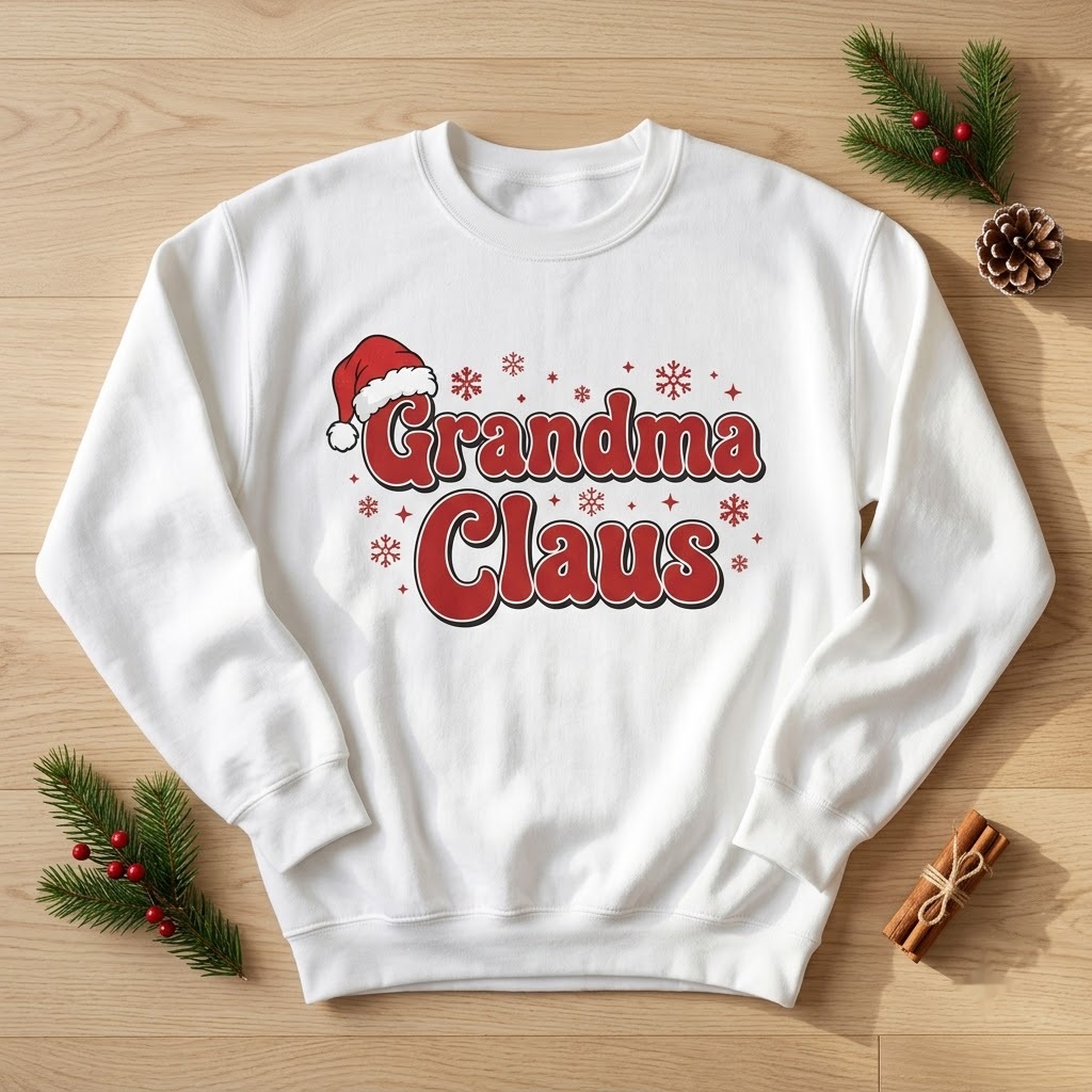 Grandma claus sweatshirt in white with retro red letters and Santa hat
