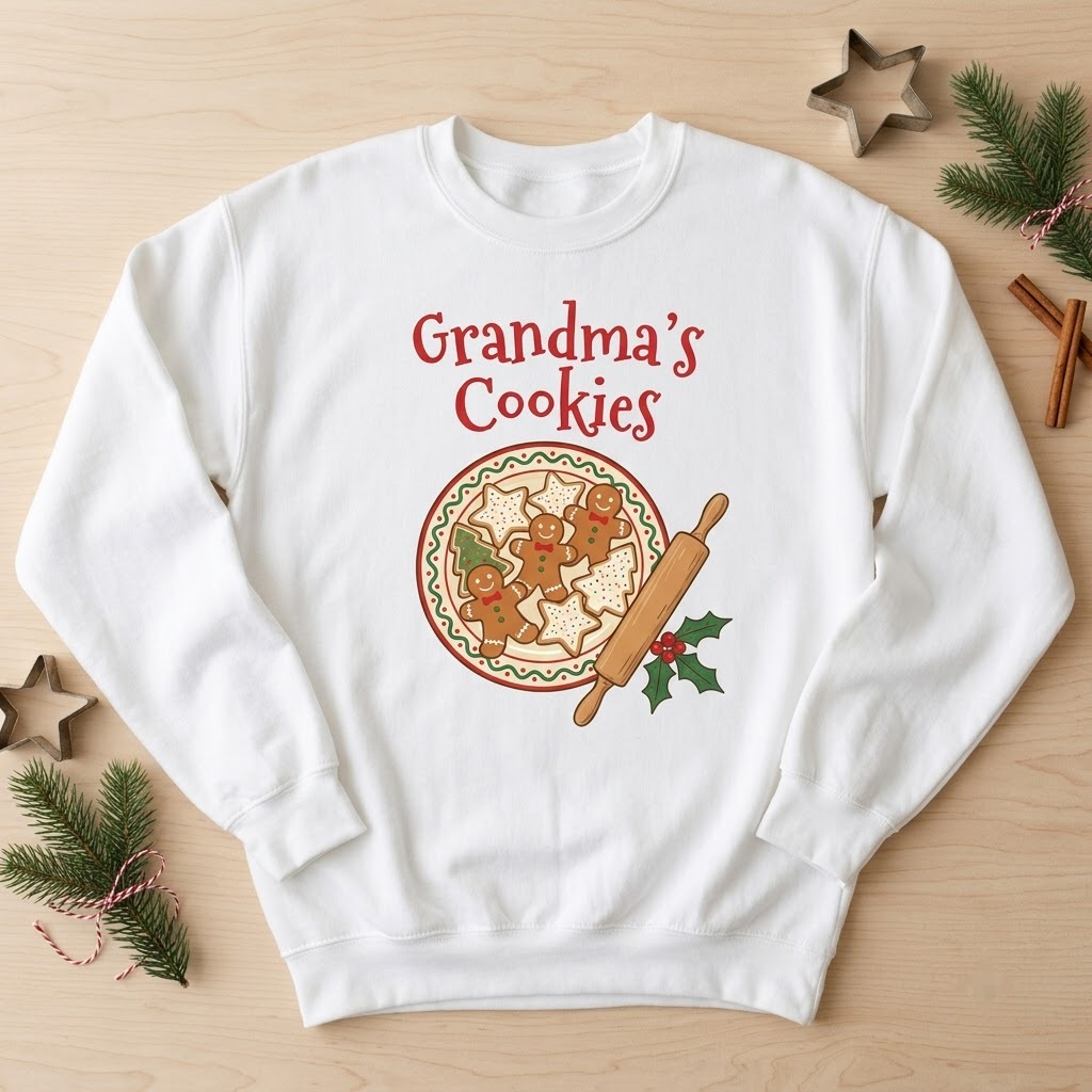 Grandma cookies sweatshirt in white with gingerbread men and holly