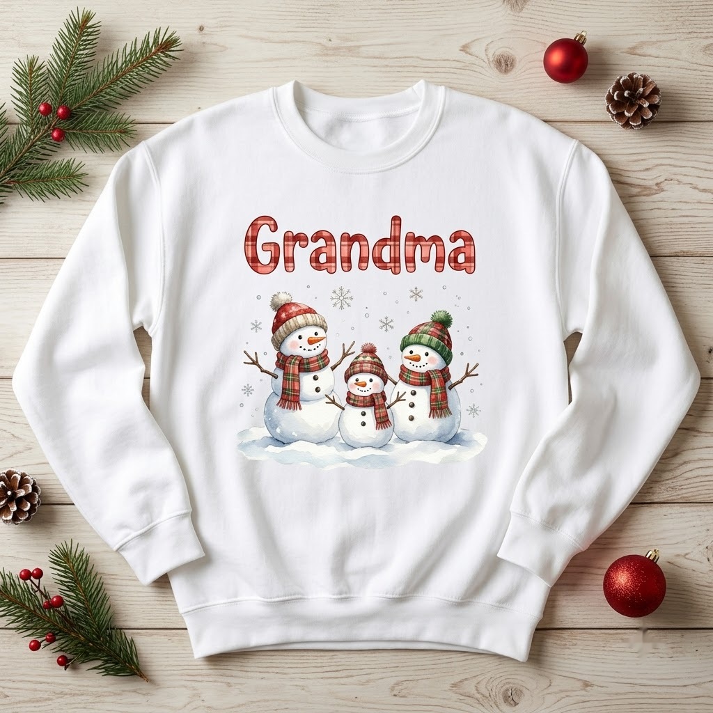 White snowman grandma sweatshirt with three snowmen in plaid scarves under watercolor plaid Grandma letters