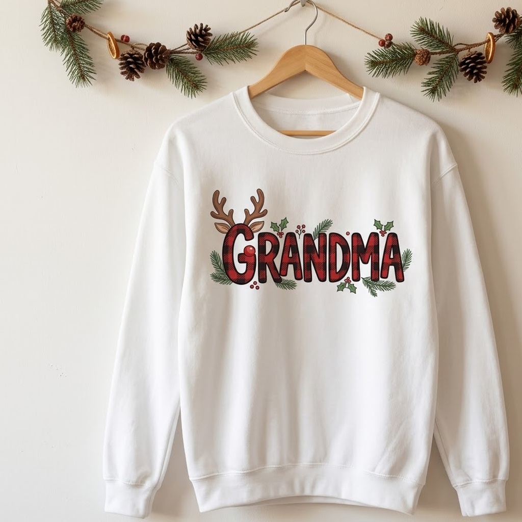 Reindeer grandma sweatshirt in white with buffalo plaid letters on a hanger