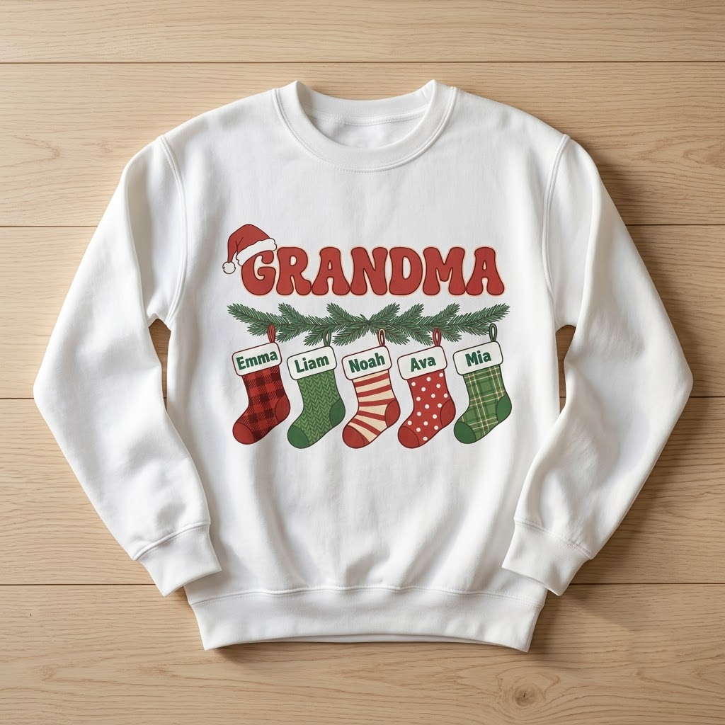 Christmas stocking grandma sweatshirt in white laid flat on light wood