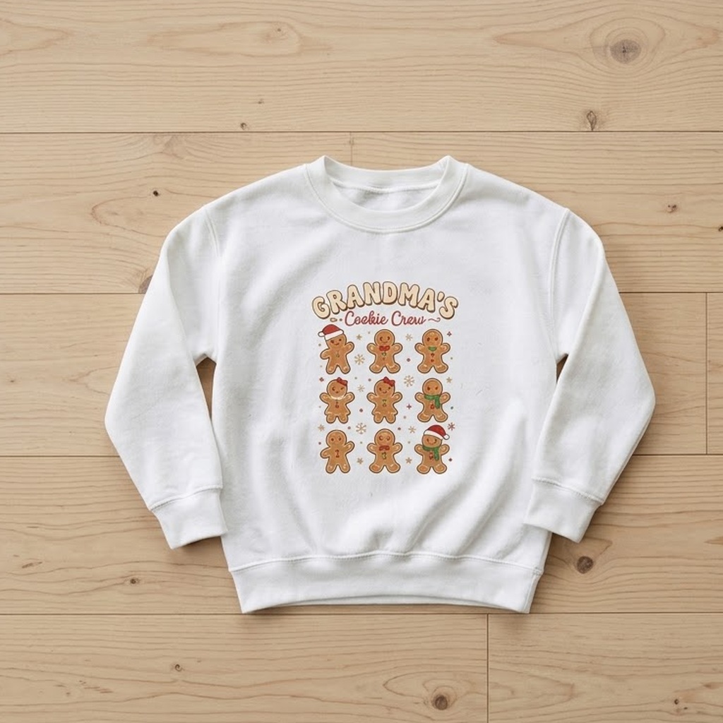 Gingerbread grandma sweatshirt in white with Cookie Crew lettering laid on wood