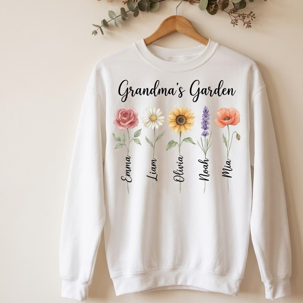 Grandmas garden sweatshirt in white on a wooden hanger under a dried floral wreath