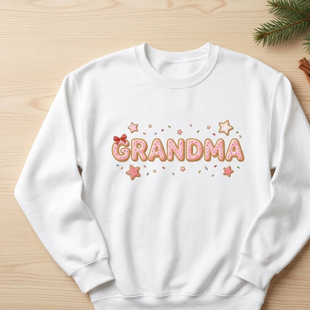 Sugar cookie grandma sweatshirt in white with pink iced letters on wood