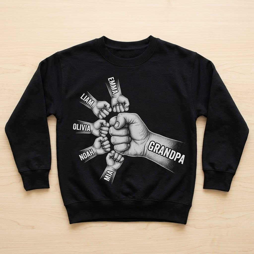 Grandpa fist bump sweatshirt in black laid flat on light wood