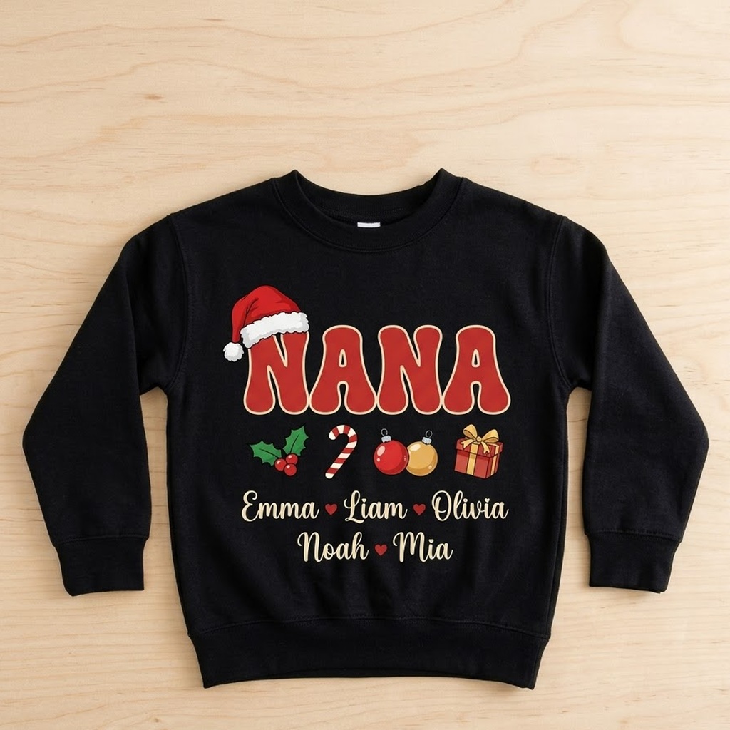 Nana claus sweatshirt in black laid flat on light wood boards