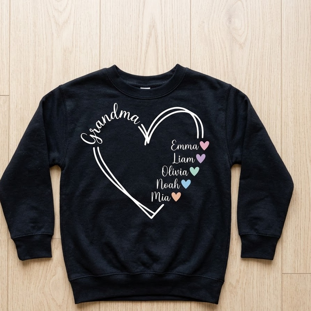 Grandma sweatshirt with grandkids names in black laid flat on light wood boards
