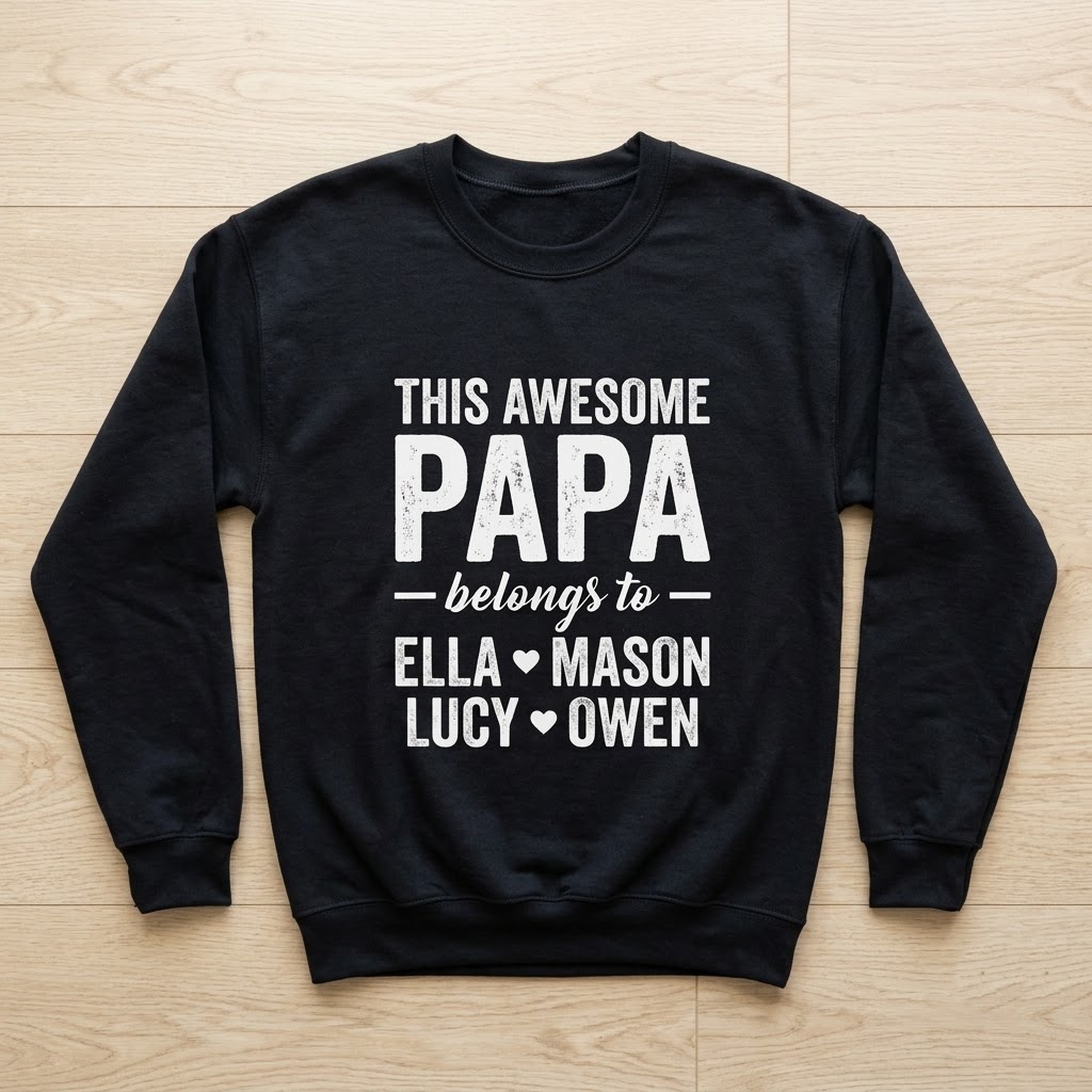 Black this awesome papa sweatshirt laid flat on light wood, large grandkids names