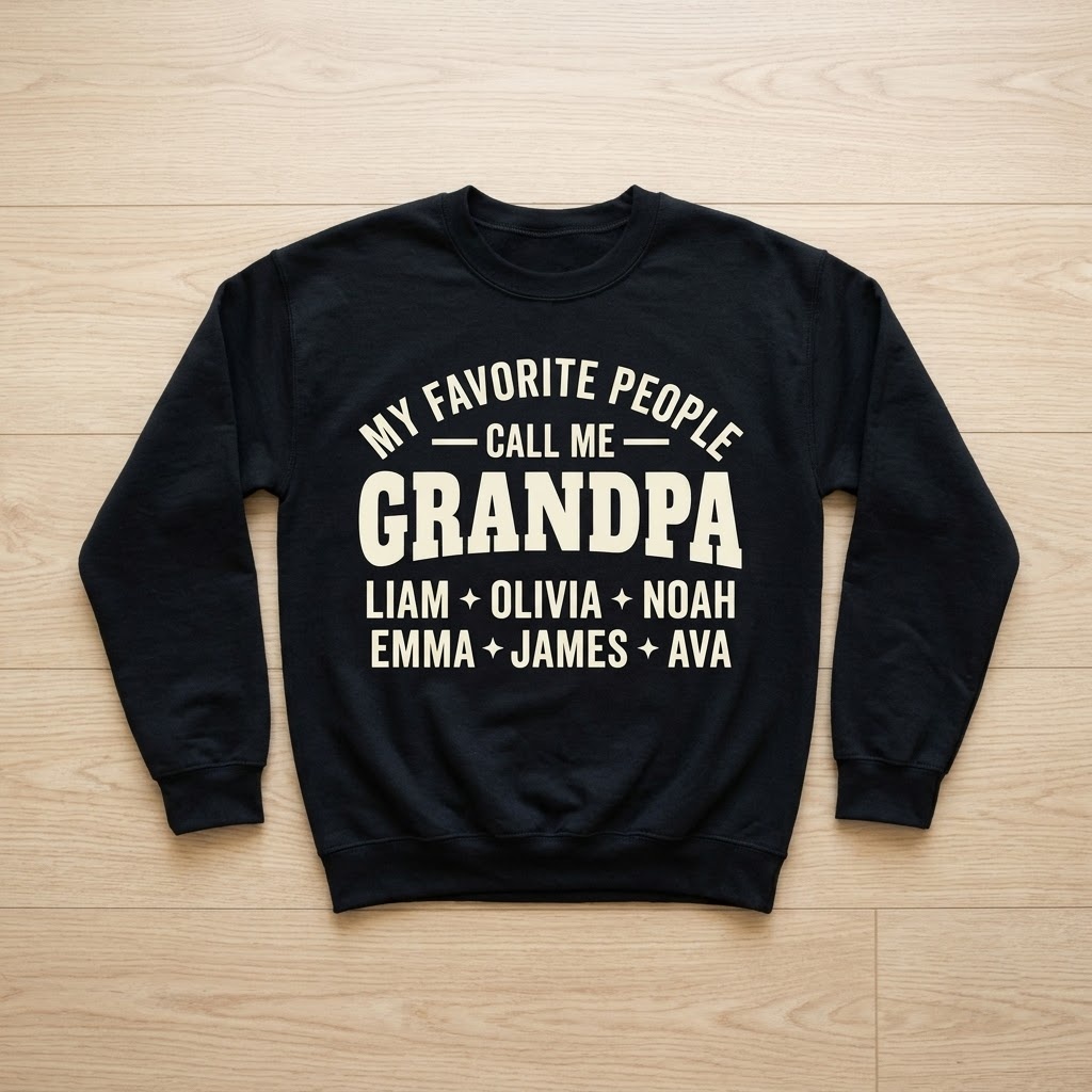 Black my favorite people call me grandpa sweatshirt laid flat on light wood