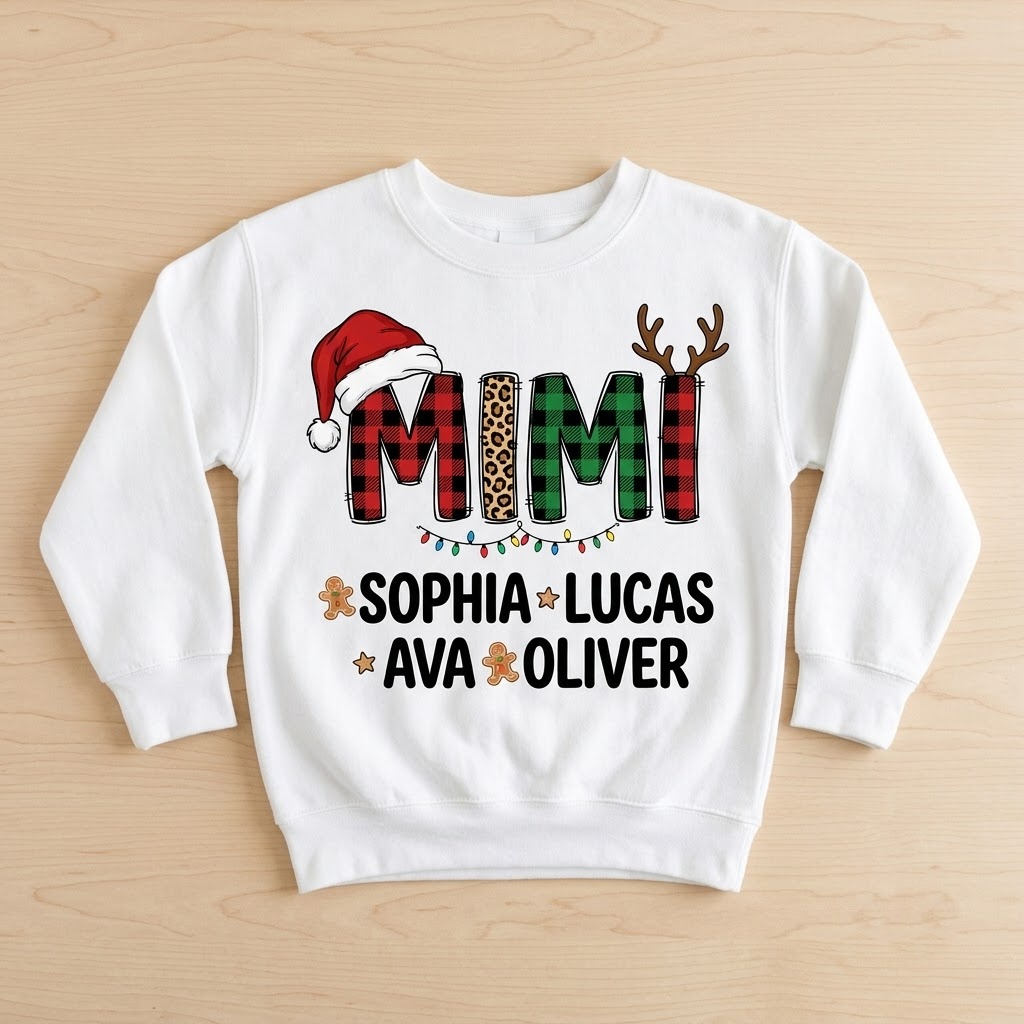 White Mimi Christmas sweatshirt laid flat on light wood with four grandkids names