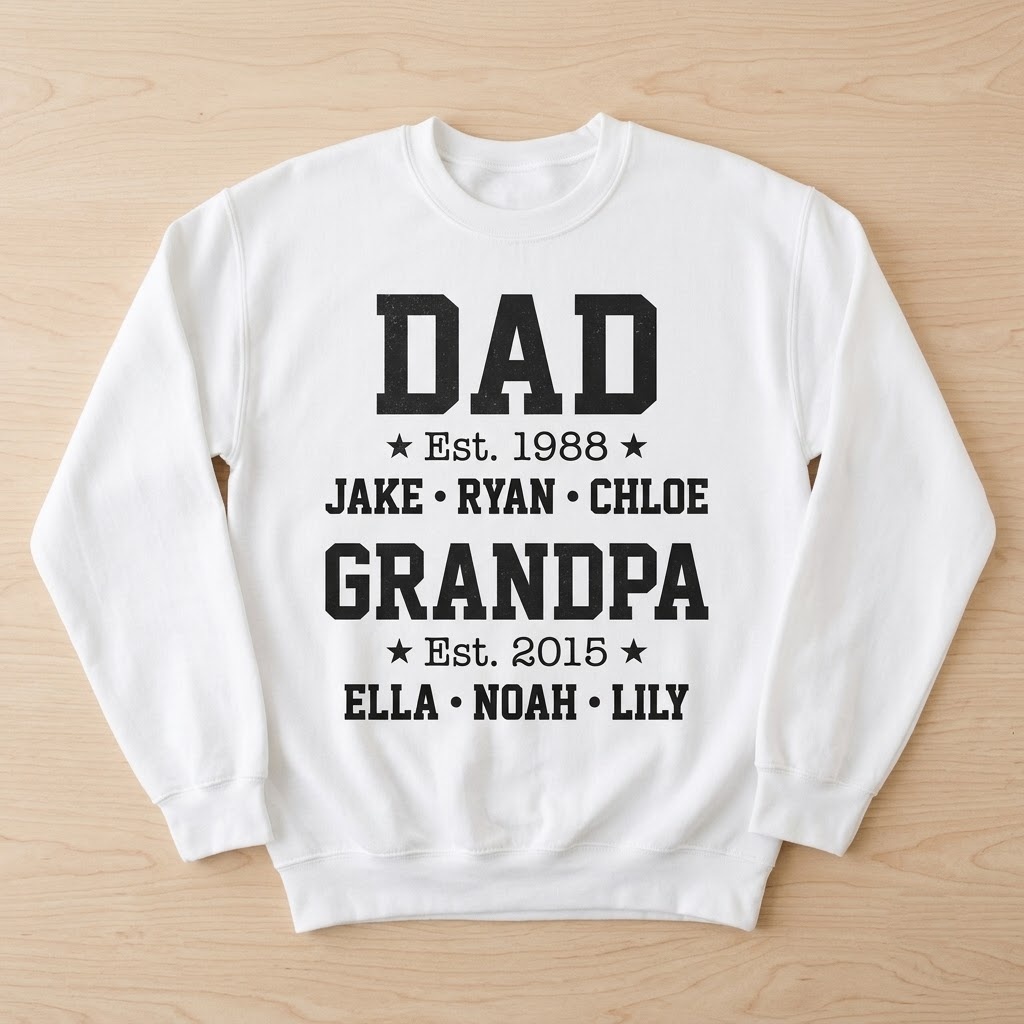 White dad grandpa est sweatshirt laid flat on light wood with names