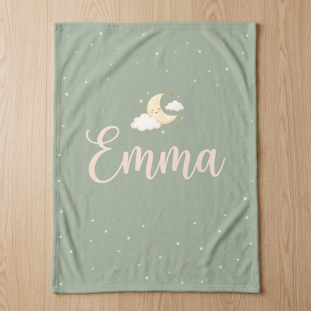 Baby name blanket in sage with Emma script, moon and tiny stars