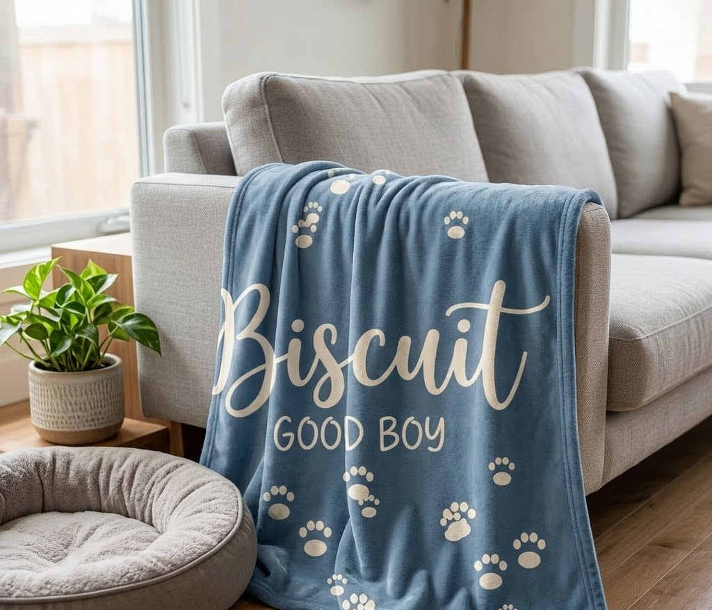 Dusty blue pet name throw blanket with the name Biscuit and paw prints draped over a sofa next to a dog bed