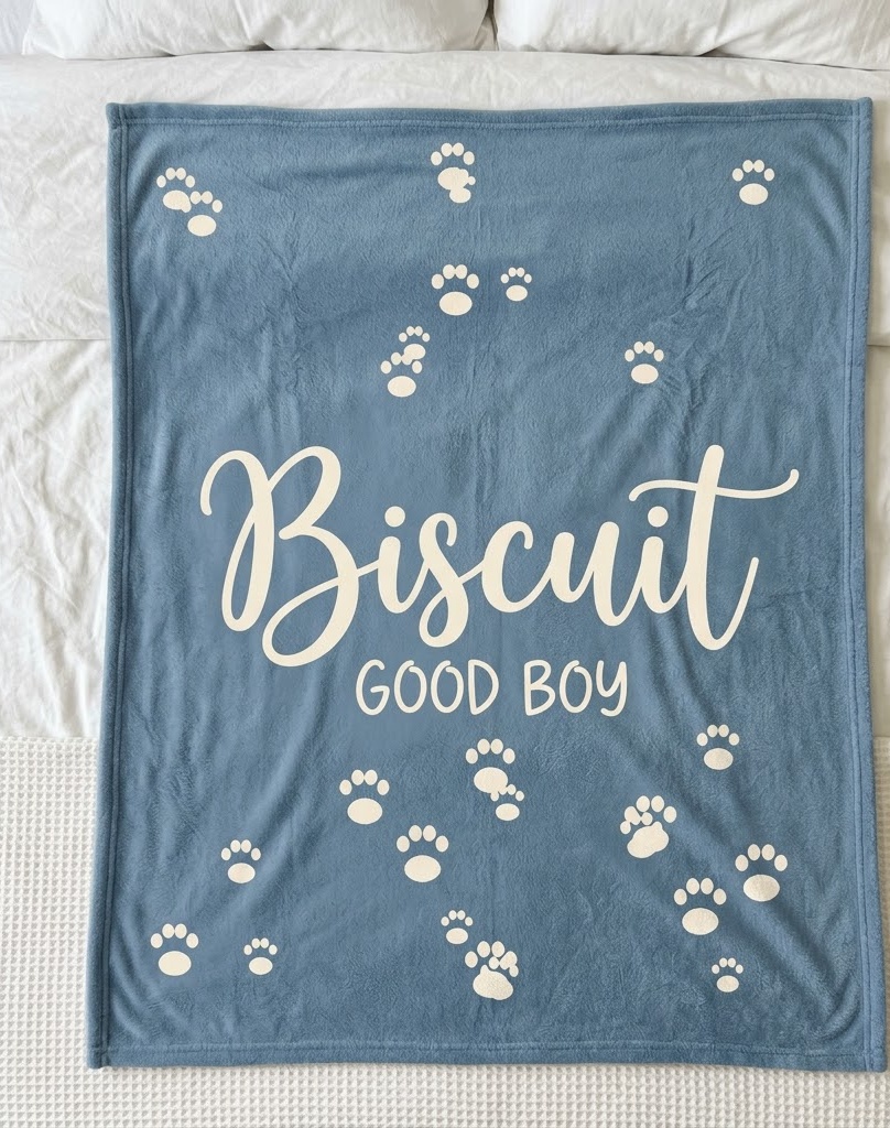 Pet name blanket with Biscuit script and paw prints on dusty blue
