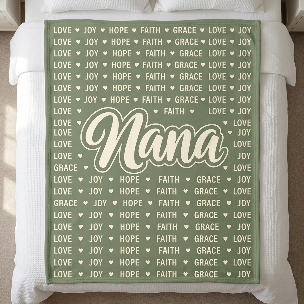 Nana blanket with grandkids names style word pattern in sage green on a bed