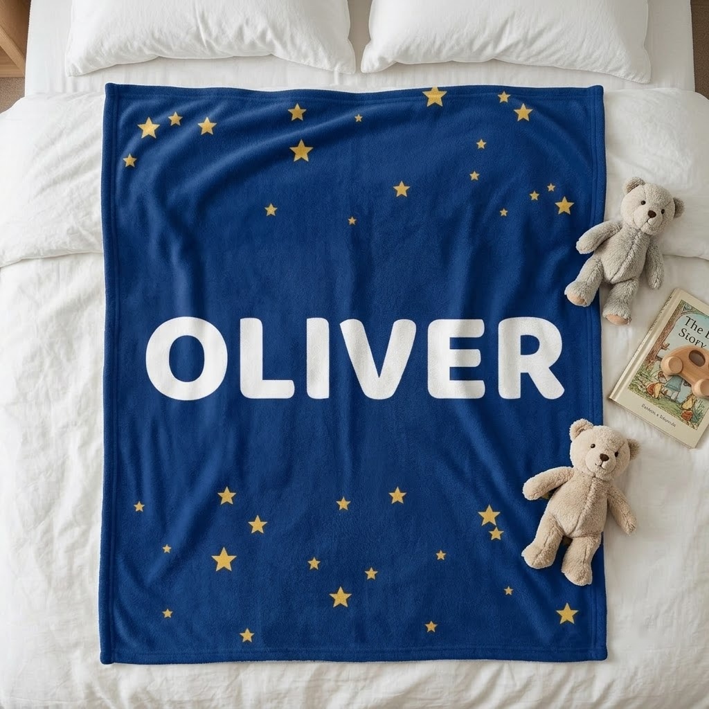 Navy personalized kids name blanket with the name OLIVER and small gold stars laid flat on a bed with teddy bears