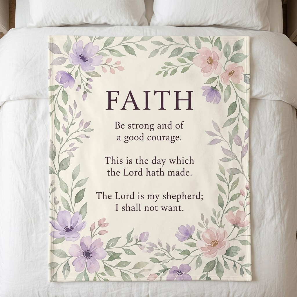 Bible verse blanket with a large FAITH word, three scripture lines and lavender watercolor florals on a bed