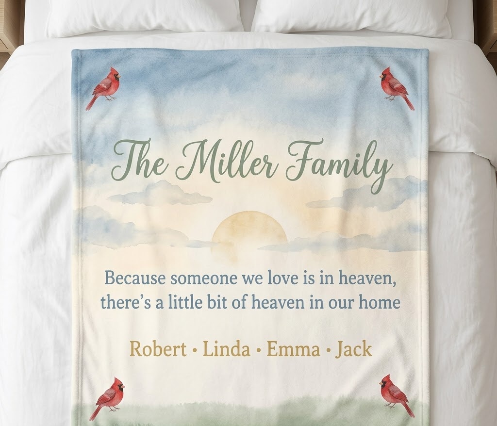 Memorial family blanket with cardinals and the Miller family verse on a bed