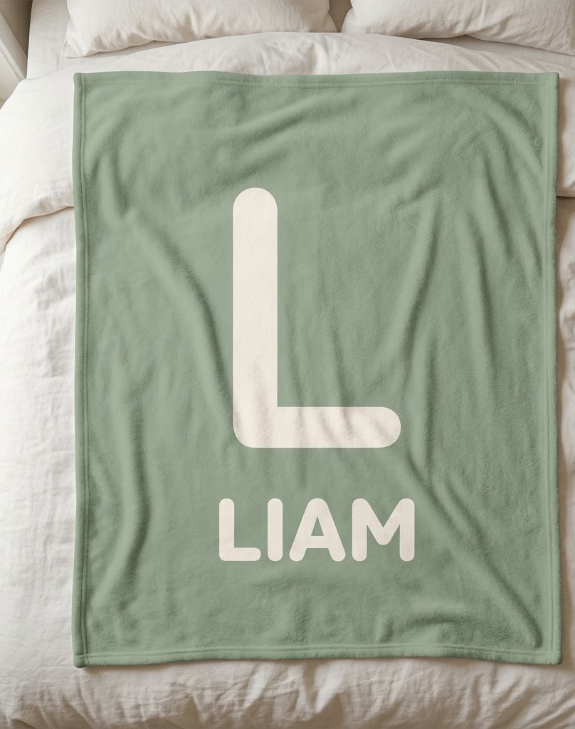 Sage initial name blanket with a big cream L and Liam, flat on a bed