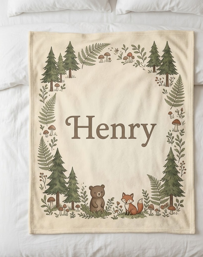 Woodland name blanket with Henry in a vintage frame of pines and animals