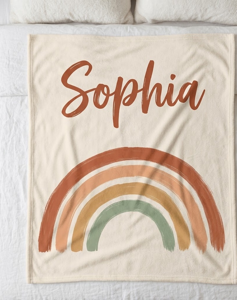 Boho rainbow name blanket with Sophia in terracotta script, flat on a bed