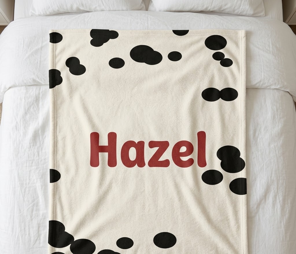 Cow print name blanket with Hazel in barn-red letters, flat on a bed