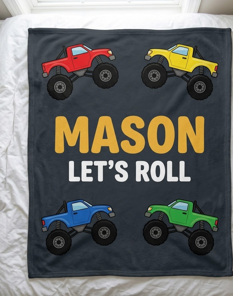 Monster truck name blanket with Mason in yellow on charcoal, flat on a bed
