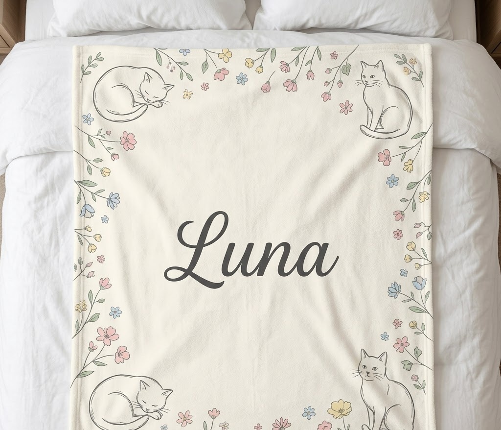 Cat name blanket with Luna and line-art cats, flat on a bed