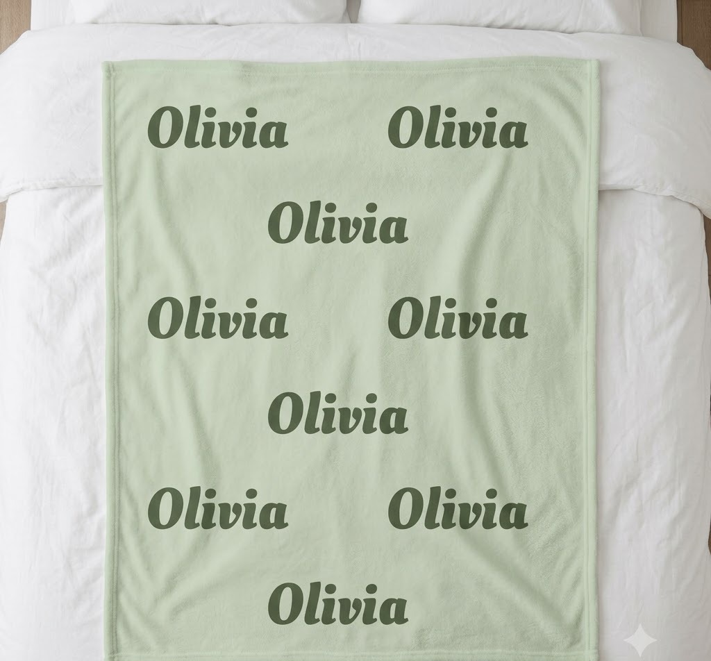 Script name blanket with Olivia repeated in olive script on sage, flat on a bed