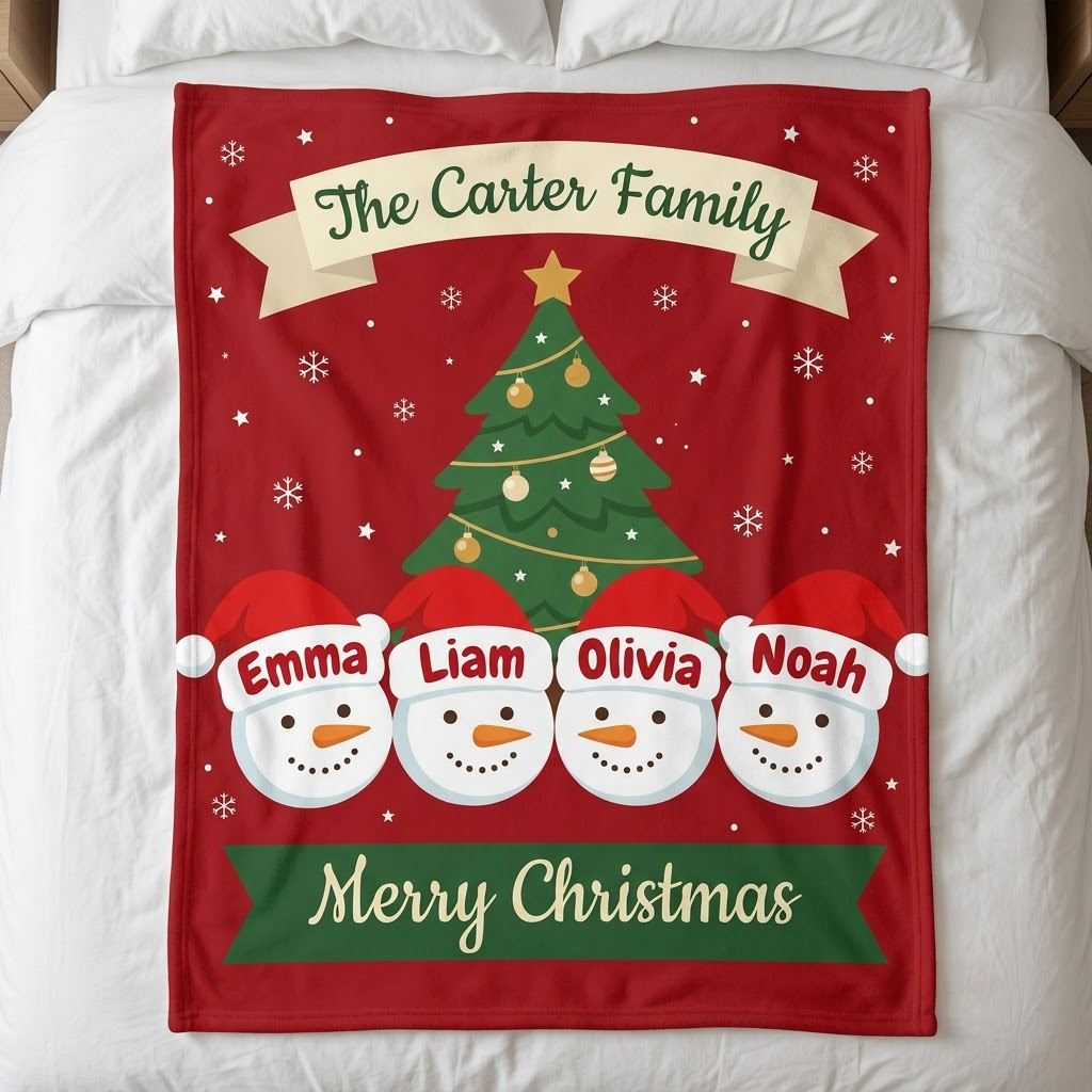 Christmas family name blanket with tree and four snowmen names, flat on a bed