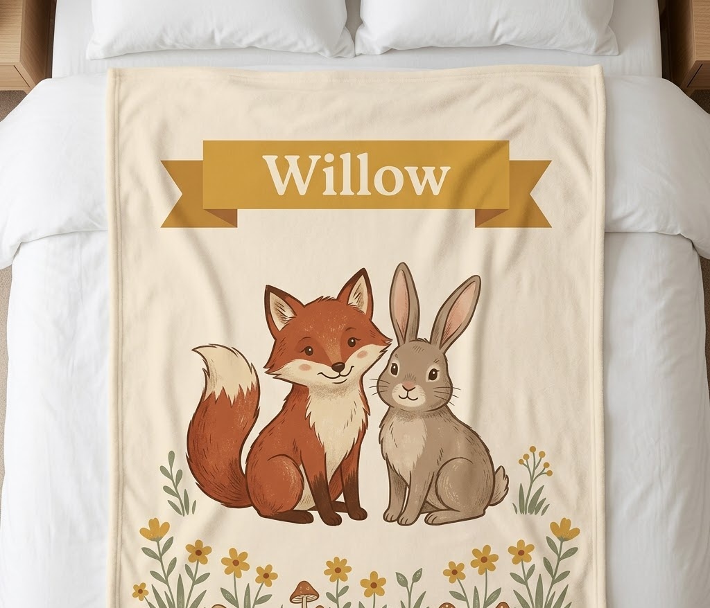 Fox name blanket with Willow on a mustard banner, flat on a bed