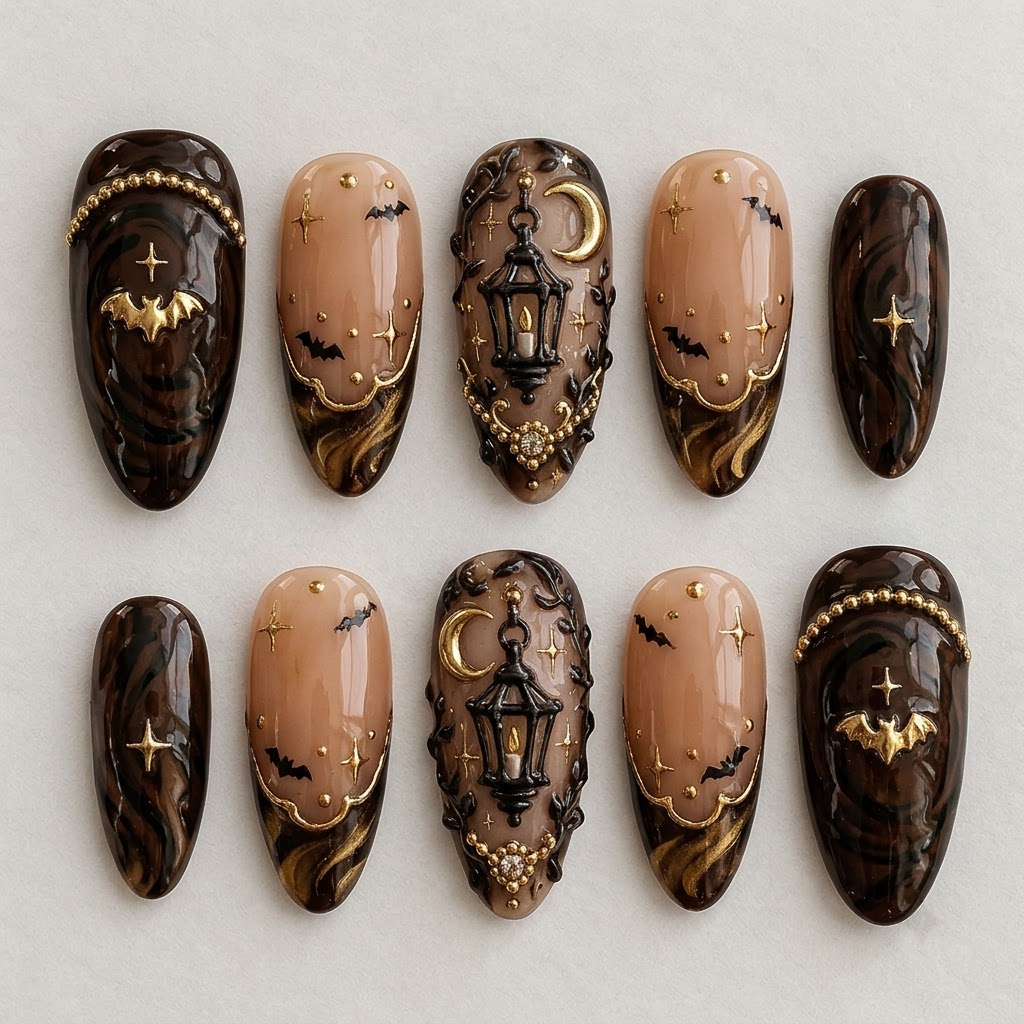 Halloween press on nails with gold bats, moons and lanterns, two rows