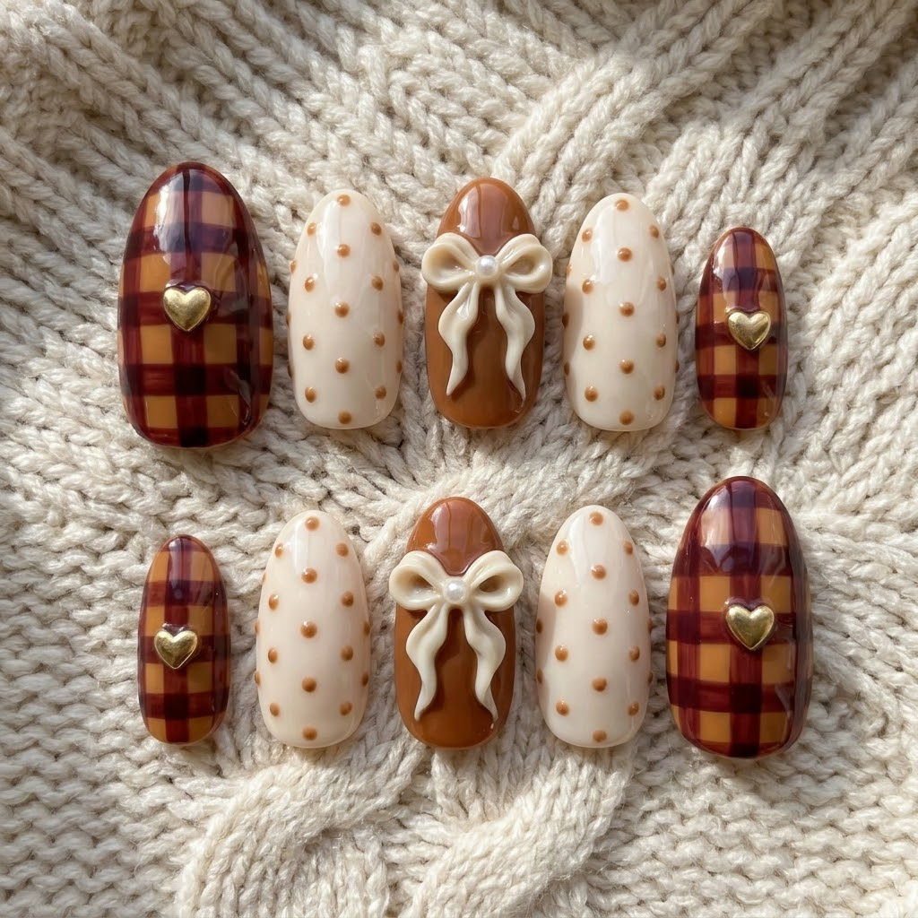 Fall press on nails with caramel plaid, 3D cream bow and polka dots