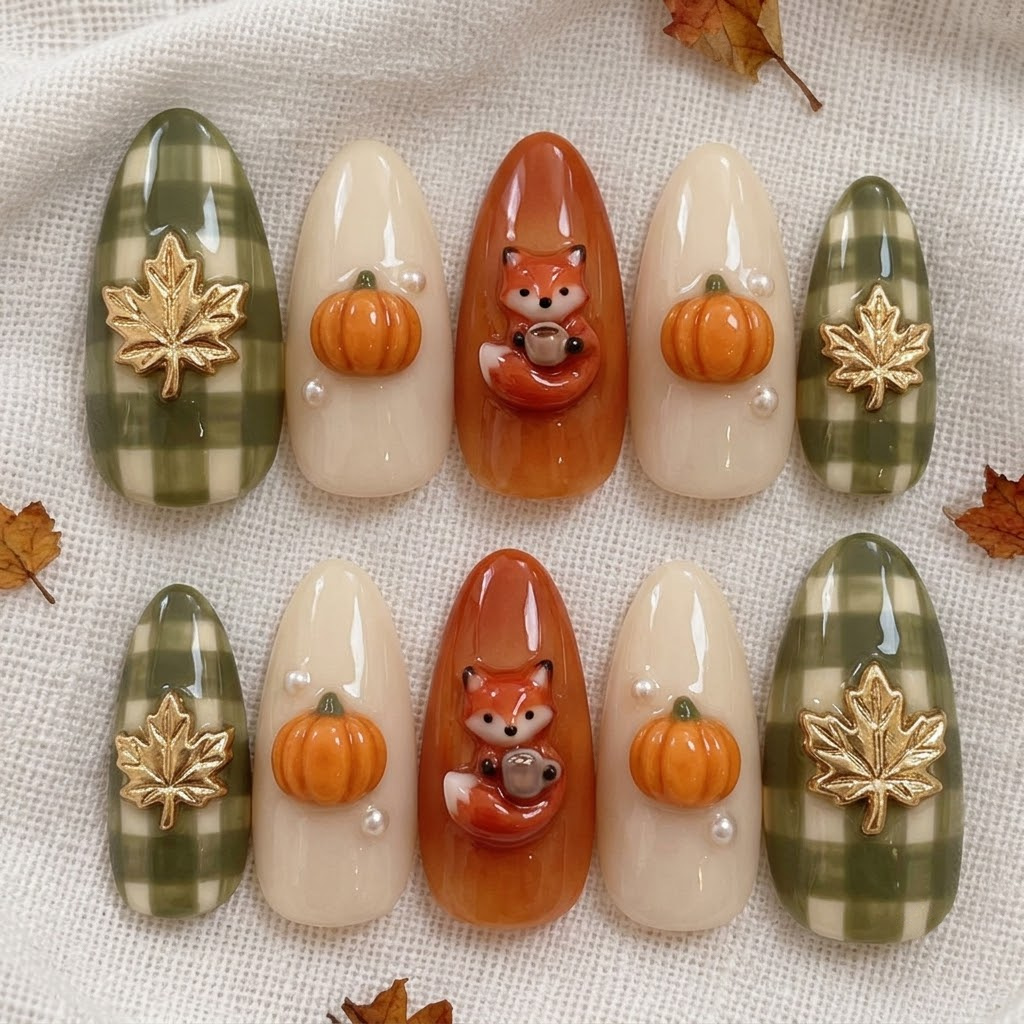 Thanksgiving press on nails with 3D fox, pumpkins and green plaid, two rows
