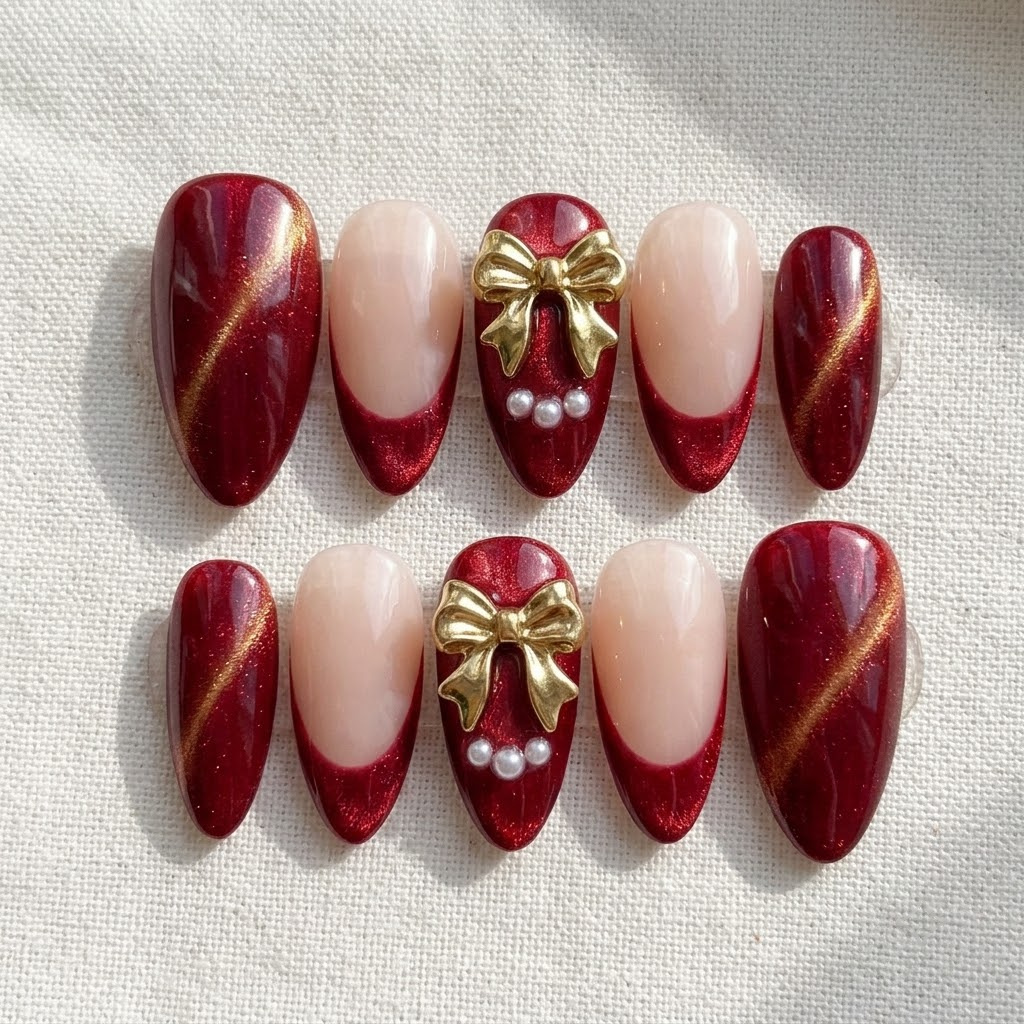 Handmade red cat eye Christmas press-on nails in a long almond shape with a 3D gold bow and pearls on the middle nail