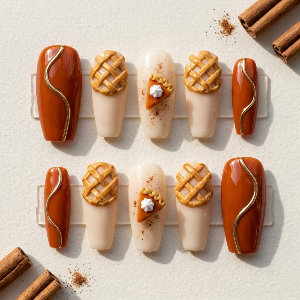 Pumpkin press on nails with 3D pie slice, lattice crust and gold swirl, two rows