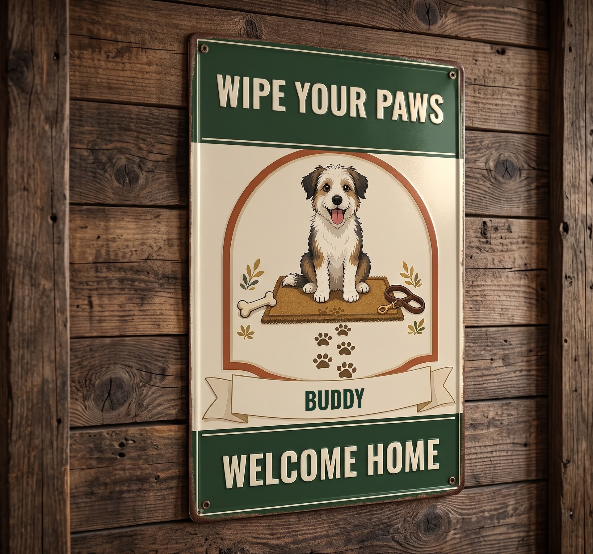 Wipe your paws sign personalized with Buddy on a rustic wood wall