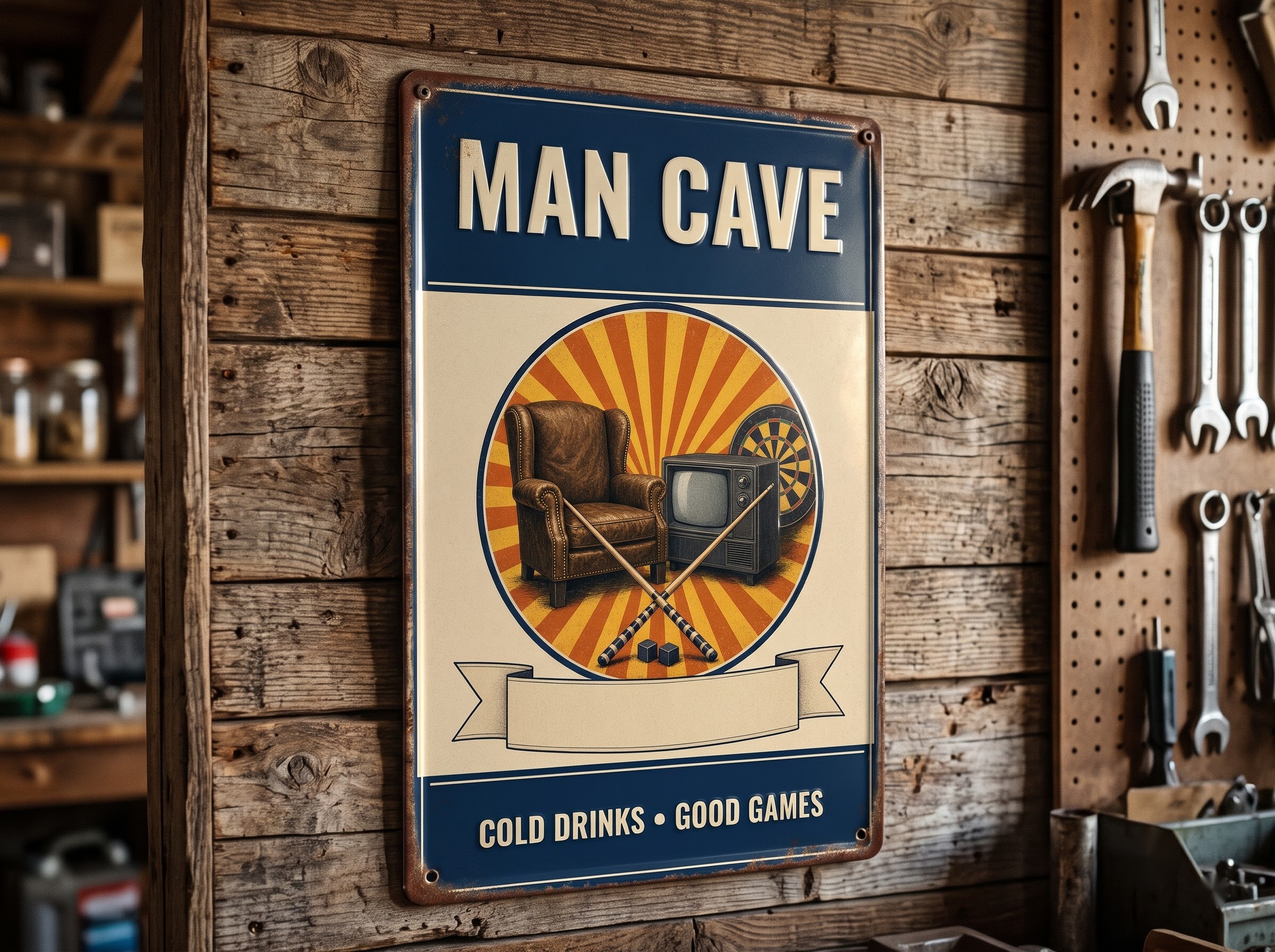 Personalized man cave sign with armchair, TV and dartboard on a rustic garage wall
