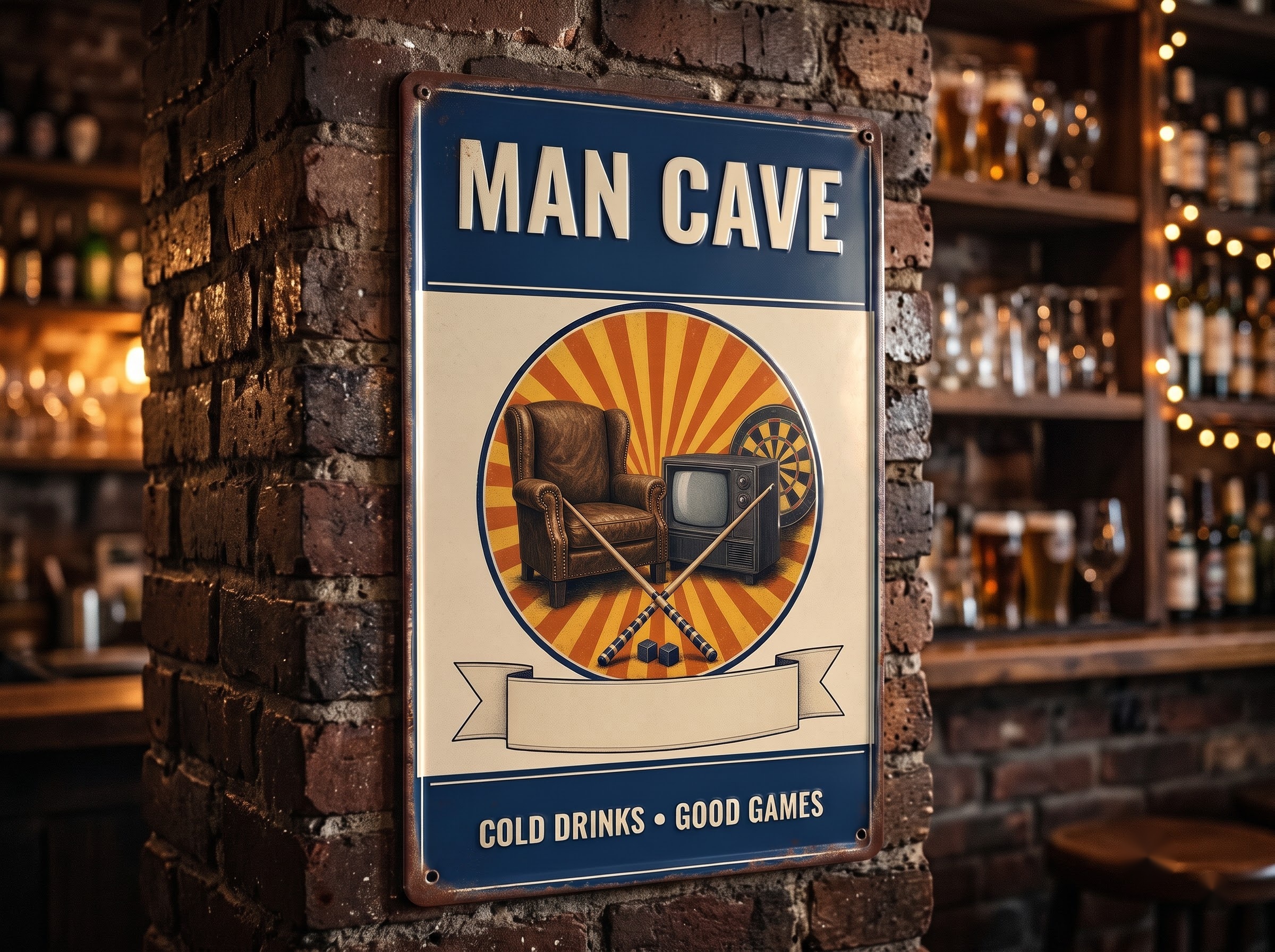 Man cave sign with the Cold Drinks Good Games line hanging on a red brick home bar wall
