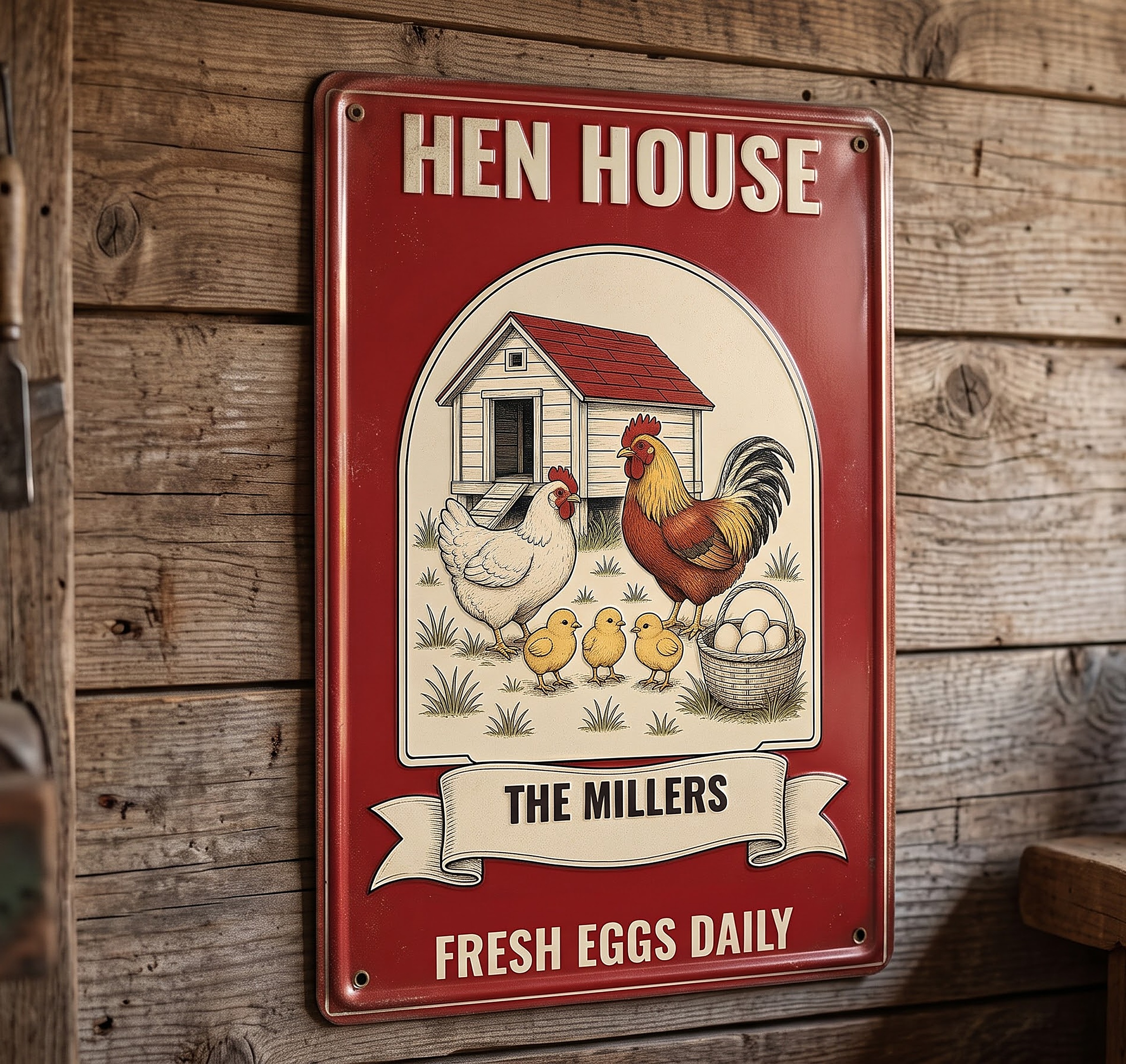 Chicken coop sign personalized with The Millers on a rustic wood wall