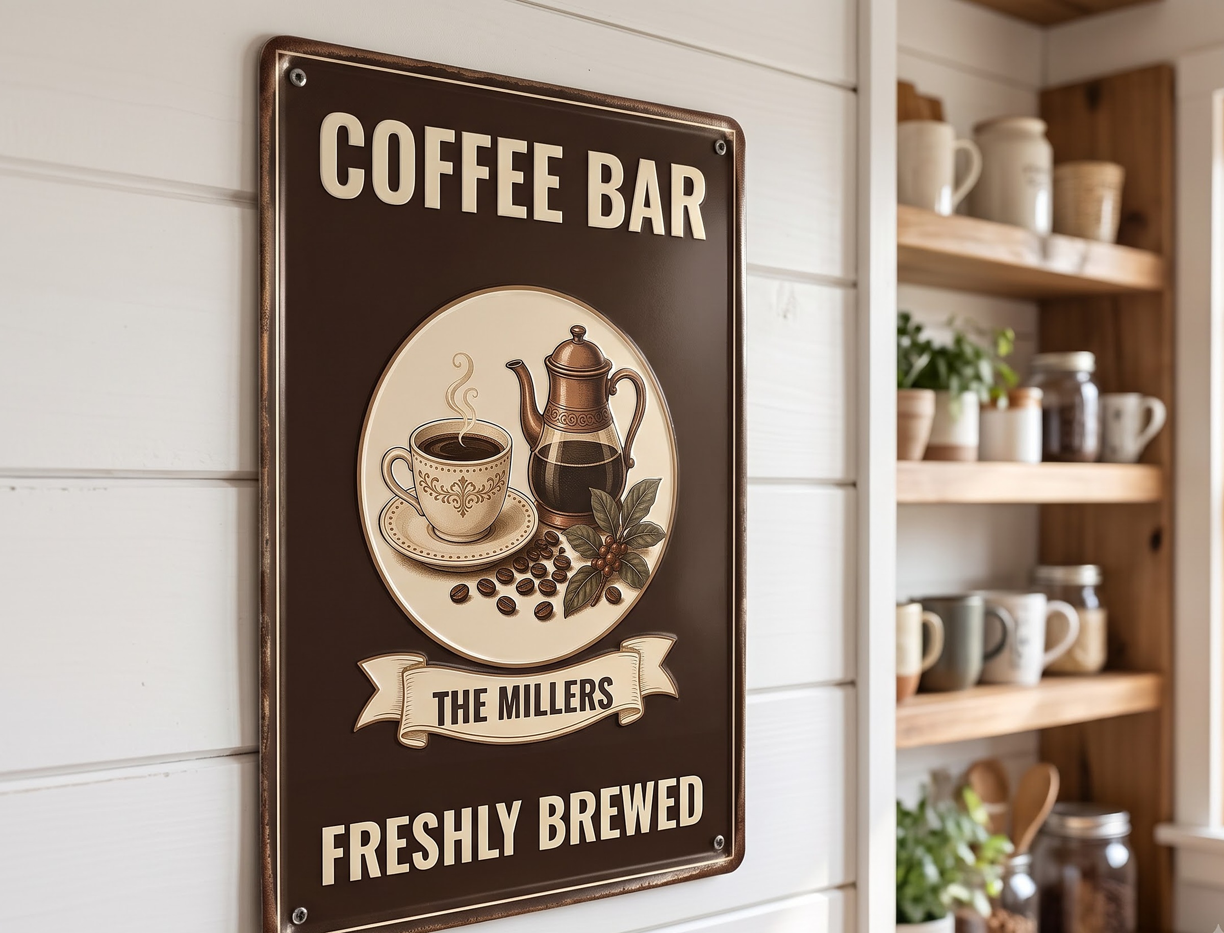 Personalized coffee bar sign with The Millers name on a white shiplap wall