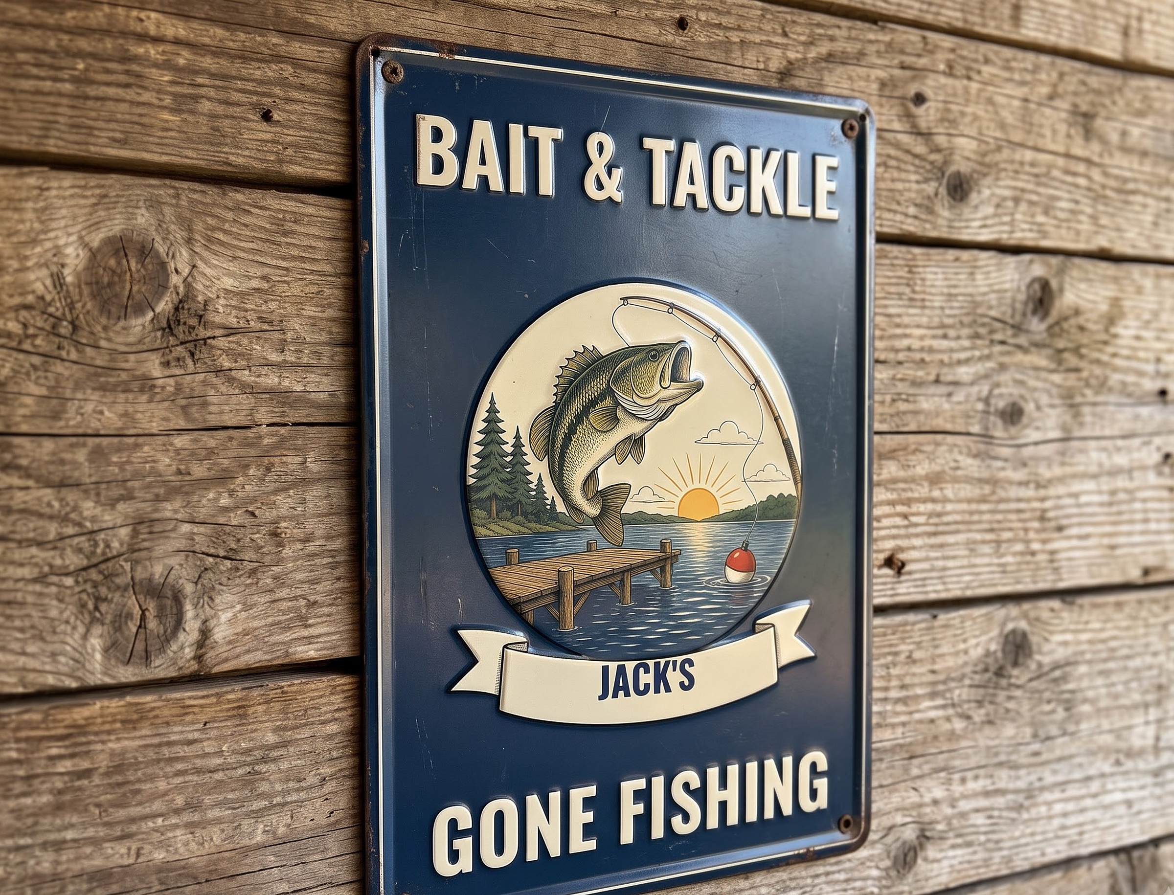 Personalized fishing sign with Jack's name on a weathered wood wall