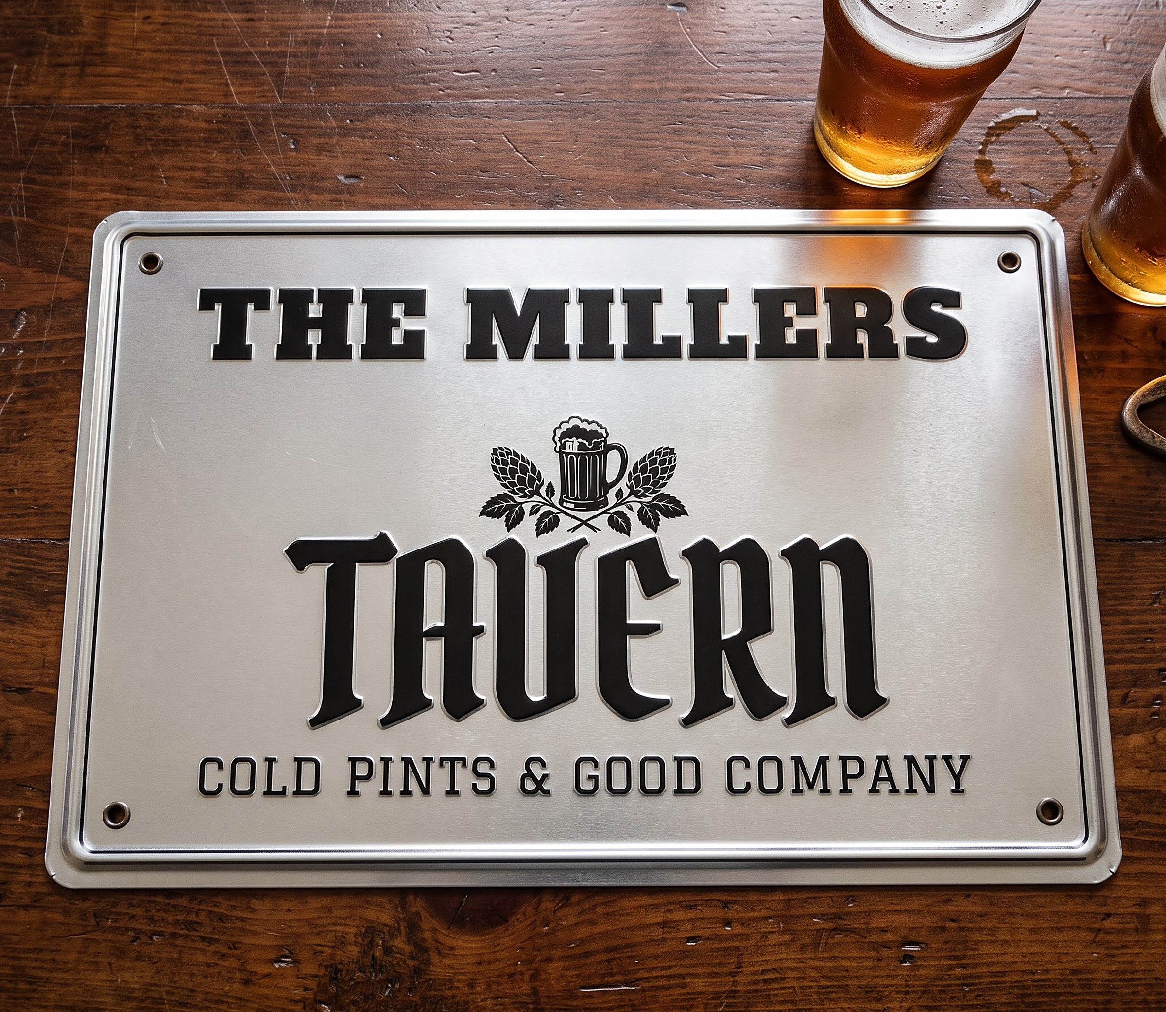 Personalized home pub sign THE MILLERS lying on a dark wooden bar top