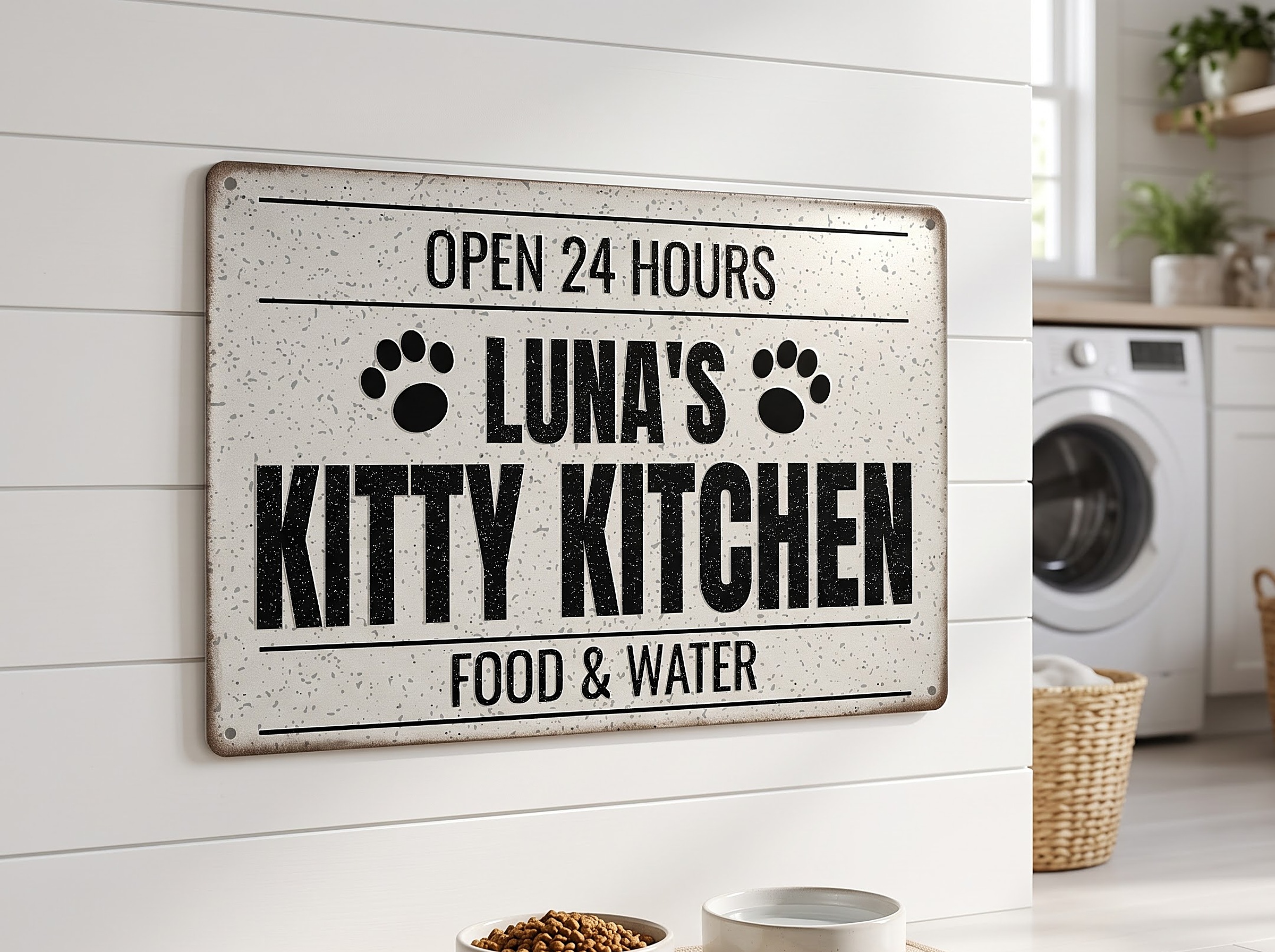 Personalized kitty kitchen sign above cat food bowls in a laundry room
