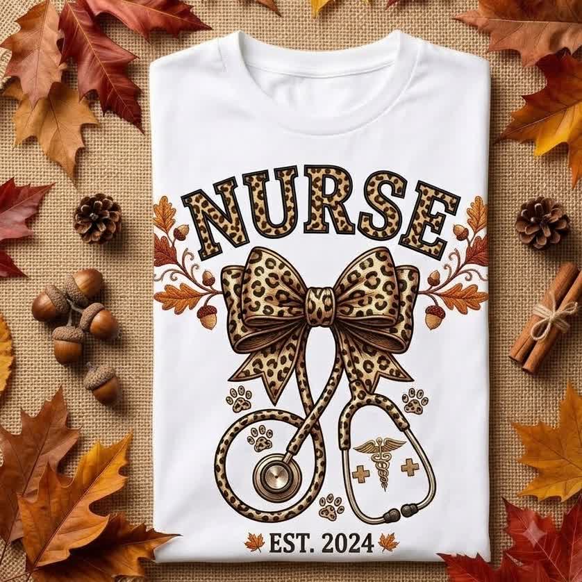 Flat lay of the leopard bow nurse t-shirt surrounded by acorns, pinecones and red maple leaves